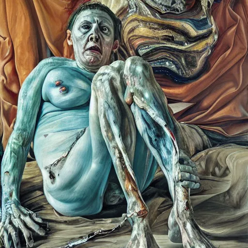 Image similar to high quality high detail painting by lucian freud and jenny saville, hd, horror, unsettling, turquoise