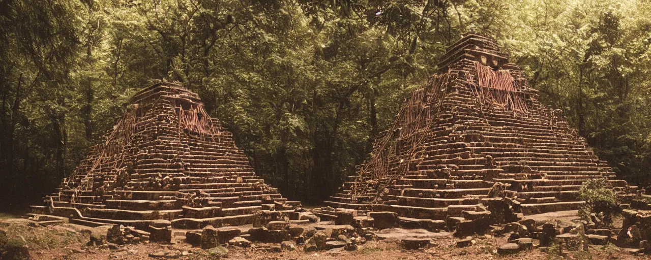 Prompt: an ancient aztec temple in the middle of the forest made out of spaghetti, canon 5 0 mm, cinematic lighting, photography, retro, film, kodachrome