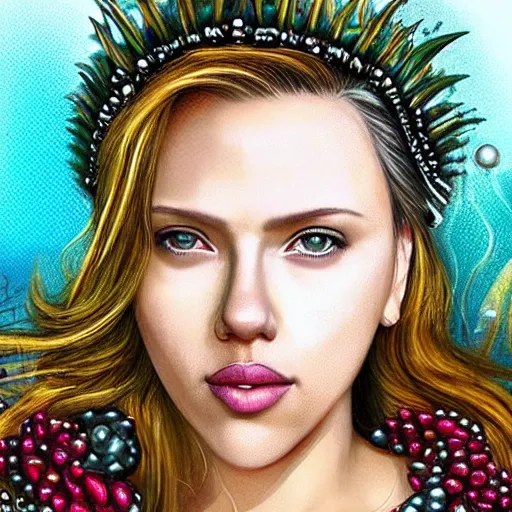 Image similar to “Scarlett Johansson portrait, fantasy, mermaid, cartoon, pearls, glowing hair, shells, gills, crown, water, highlights, starfish, goddess jewelry, realistic, digital art, pastel ”
