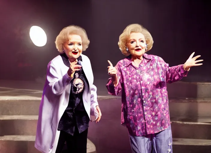 Image similar to publicity photo still of betty white as a gangsta rapper live on stage, 8 k, live concert lighting, mid shot