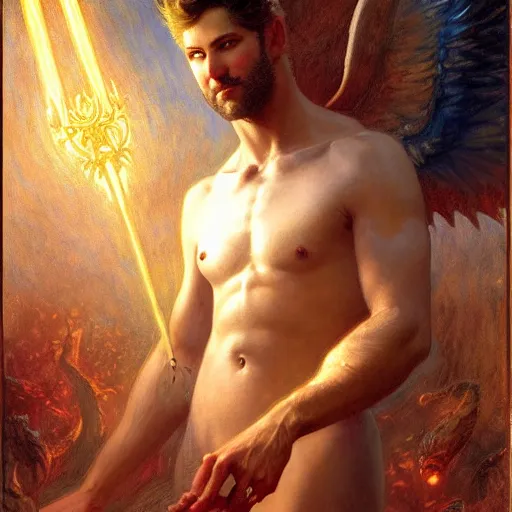 Image similar to attractive male lucifer morning star casting a spell to raise hell unto heaven. highly detailed painting by gaston bussiere, craig mullins, j. c. leyendecker, 8 k