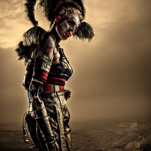 Image similar to full length photo of a very beautiful female atompunk warrior, 8 k, hdr, smooth, sharp focus, high resolution, award - winning photo