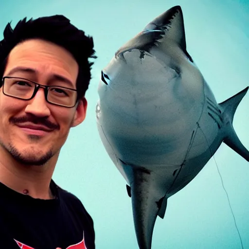 Image similar to markiplier with shark fins