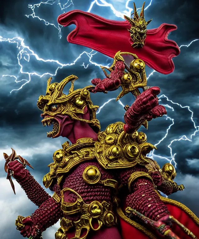 Prompt: hyperrealistic rendering, epic boss battle, ornate supreme demon overlord, jewel crown, battle armor, by art of skinner and richard corben and jeff easley, product photography, action figure, sofubi, storm clouds, outside, lightning