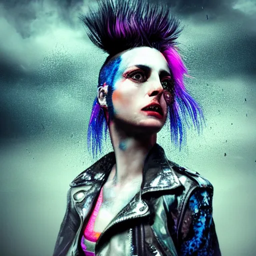 Image similar to splashes of neon clouds, mowhawk, punk women portrait made out of paint with rain in the background, trending on artstation, epic composition, emotional, beautiful, rendered in octane, highly detailed, realistic, tim burton comic book art, sharp focus, matte painting, unreal engine