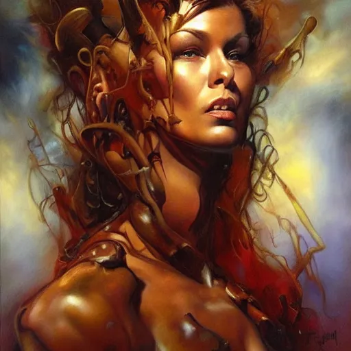 Image similar to detailed portrait of mind blown intricate, hyper detailed, realistic, oil painting, by julie bell, frank frazetta, cinematic lighting