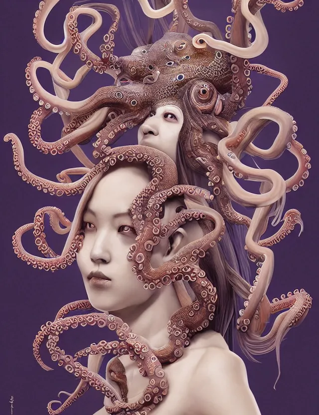 Image similar to 3 d goddess octopus half - turn portrait with long hair with ram skull. beautiful intricately detailed japanese crow kitsune mask and clasical japanese kimono. betta fish, jellyfish phoenix, bio luminescent, plasma, ice, water, wind, creature, artwork by tooth wu and wlop and beeple and greg rutkowski