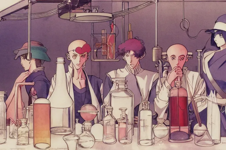 Image similar to cel shaded study of a group of alchemists in a late renaissance laboratory, key visual with intricate linework, in the stlye of moebius, ayami kojima, 90's anime, retro fantasy