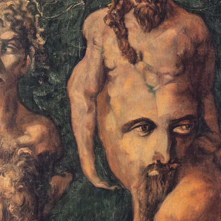 Image similar to portrait of Dionysus, the Greek god of wine, making eye contact with his partner across the room by 20th-century artist Francis Bacon