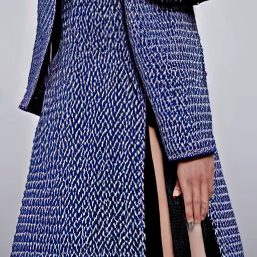 Image similar to fashion 2 0 5 0 fantastic openwork long coat with intricate pattern on a beautiful symmetrical girl with blue hair, hyper realistic photos