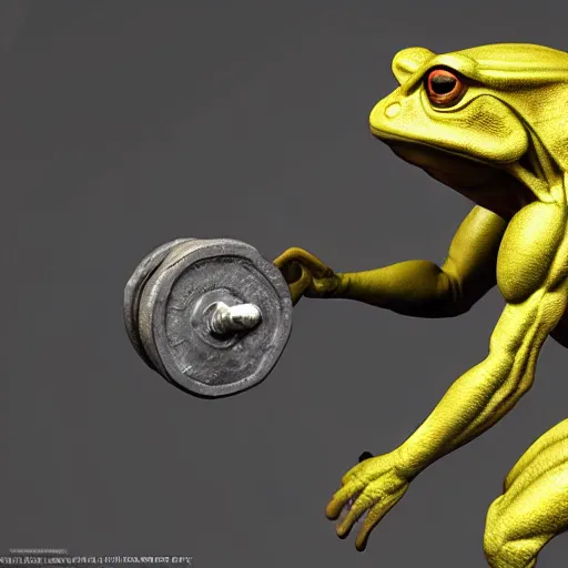 Prompt: A muscular frog lifting weights, 3D render, studio lighting, Unreal Engine 5