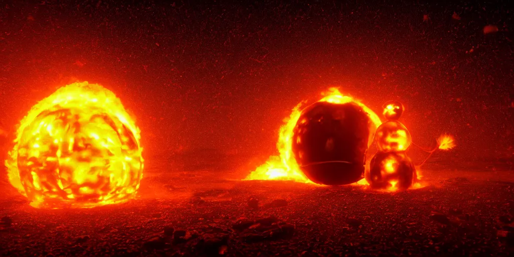 Prompt: a melted glowing snowman melting on top of the sun. the ground is made of fire and lava and is glowing orange. cinematic, dramatic, epic, volumetric lighting, atmospheric, red, orange extremely coherent, masterpiece, highly detailed, trending on artstation, 8 k, space, warm, solar flare, blade runner 2 0 4 9