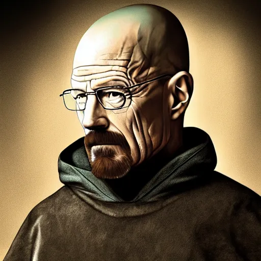 Prompt: walter white from breaking bad wearing knight armor and holding a sword, 4 k, hyper realistic, still, portrait