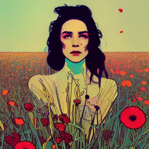 Image similar to a beautiful painting of a girl in a field of flowers by andy warhol and conrad roset and alphonse mucha and nekro and greg rutkowski. colorful comic, film noirs, symmetry, sharp lines, hyper detailed. octane render. trending on artstation