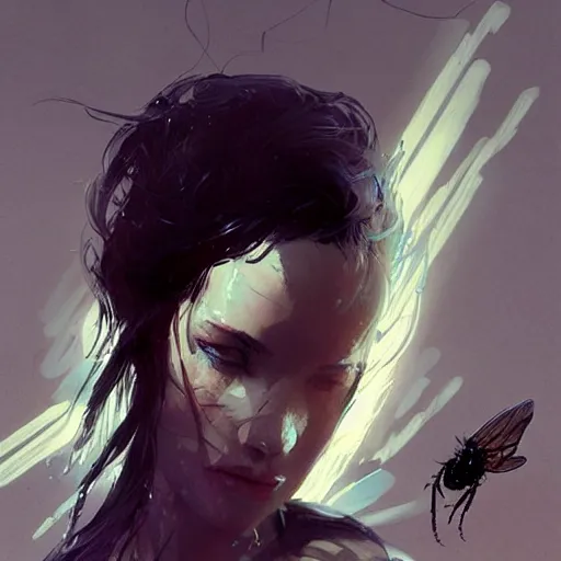 Image similar to portrait of a woman with black hair and insects coming put of her skin, dramatic lighting, illustration by Greg rutkowski, yoji shinkawa, 4k, digital art, concept art, trending on artstation