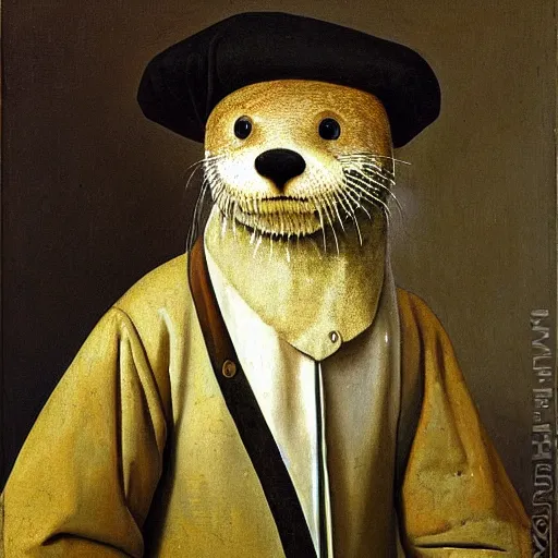 Image similar to oil painting of an anthropomorphic otter in military uniform, amazing detail, painted by johannes vermeer