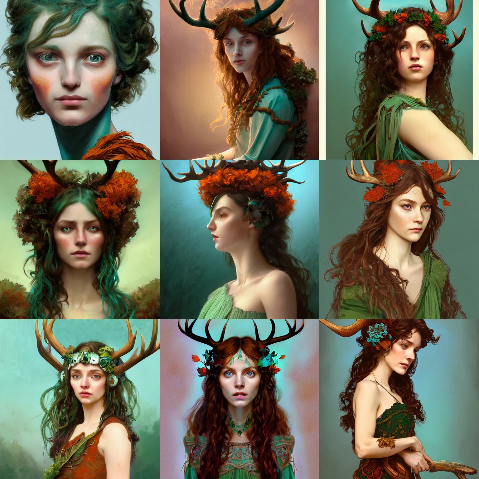 Prompt: beautiful digital painting of freya allan with teal skin and antlers made from wood on her head, brown curly hair with orange oak leaves, in a green dress D&D, fantasy, intricate, beautiful eyes, cinematic lighting, highly detailed, digital painting, Artstation, concept art, smooth, sharp focus, illustration, art by Greg Rutkowski and Alphonse Mucha