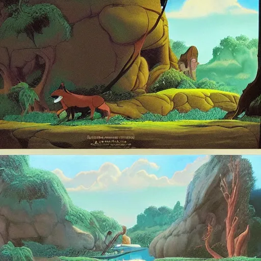 Image similar to environment matte paintings from the fox and the hound ( 1 9 8 1 )