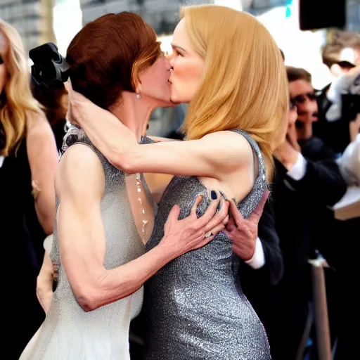 Prompt: Kermit the Frog in a suit and tie kissing Nicole Kidman in a dress on the red carpet movie still photo journalism 4k