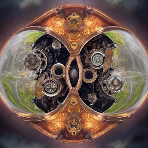 Image similar to a beautiful ultradetailed fine art RPG portrait photo of a mechanical industrial steampunk yin yang symbol, overgrown with morning glory flowers, montsera leaves by tom bagshaw and zach sutton, golden ratio composition, soft studio lighting, soft vignette, 50mm lens, very detailed, bionic, cybernetic scifi, deep depth of field, artstation, 8K, highly coherent