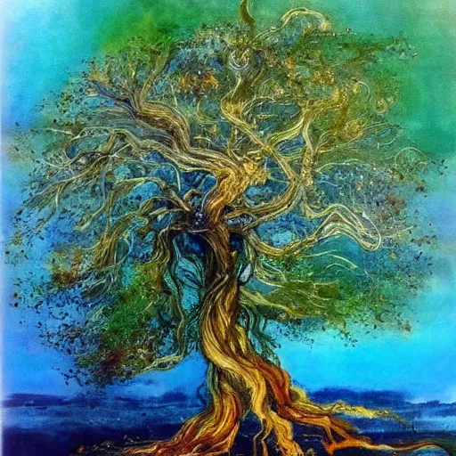 Image similar to an amano oil painting of a very wonderful perfect amazing incredible glorious beautiful mind flowing giant tree of heavenly grace