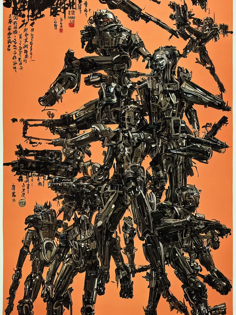 Image similar to Poster for the Movie Schwartzlicht,about Chinese Russian Zombie Troopers Designed By Yasushi Nirasawa battle Japanese America Cyborgs Designed by Syd Mead and Giger, 1970s style, very detailed, text says: Schwarzlicht