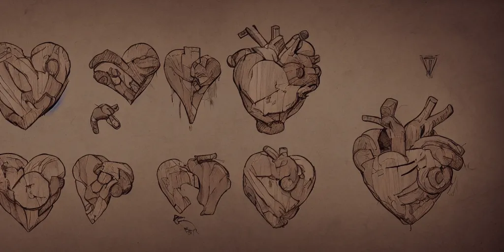 Prompt: realistic wooden heart design, character sheet, Greg Rutkowski, Zabrocki, Karlkka, Jayison Devadas, Phuoc Quan, trending on Artstation, 8K, ultra wide angle, zenith view, pincushion lens effect