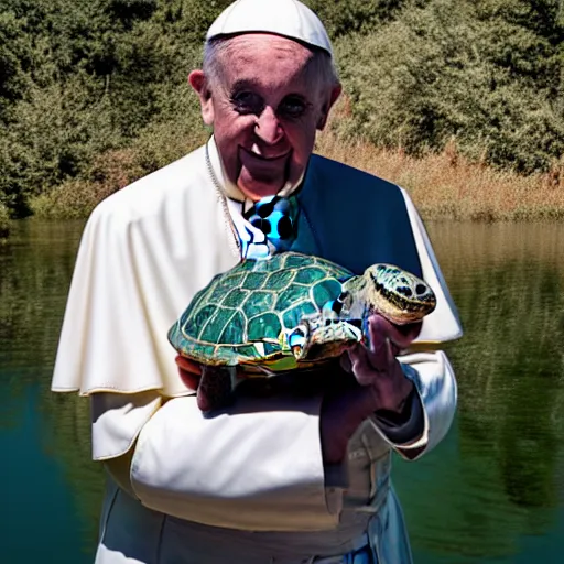 Prompt: pope holding a pond turtle, HD photography, Canon eos r3, 8k resolution