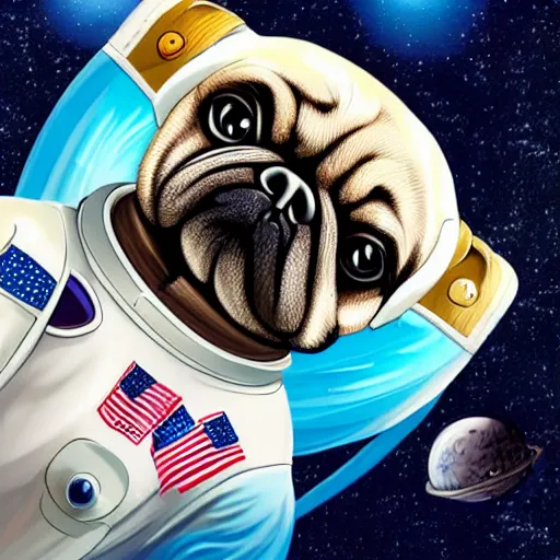 Image similar to hyper realistic, highly detailed, astronaut pug in space.