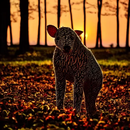 Image similar to animals made of leaves trees and vines, sunset magic hour backlit photography, bokeh