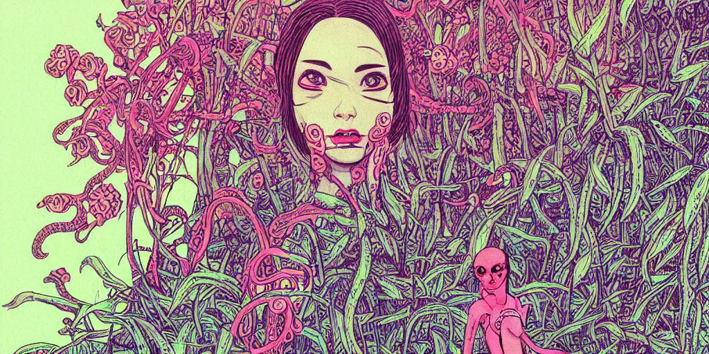 Prompt: risograph grainy drawing vintage sci - fi, antagonist girl, satoshi kon color palette, face covered with plants and flowers, wearing futuristic scaphander with lot of vires and tentacles, exotic plants around and on the background, parking lot, painting by moebius and satoshi kon and dirk dzimirsky close - up portrait