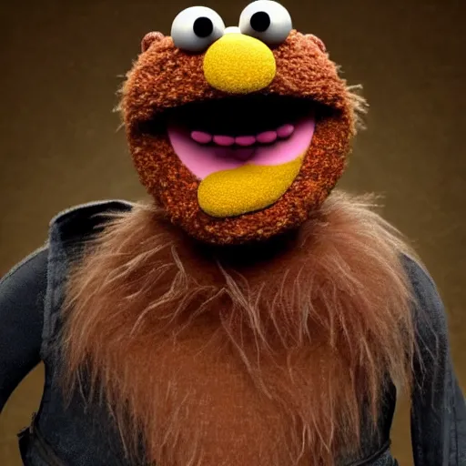 Image similar to a still of a forgotten muppet character looking very manly and modern, hilarious, laughing, hairy chest, huge chin, manly monster tough guy, roughled fur, photo real, photographic, photograph, artstation, trending, featured