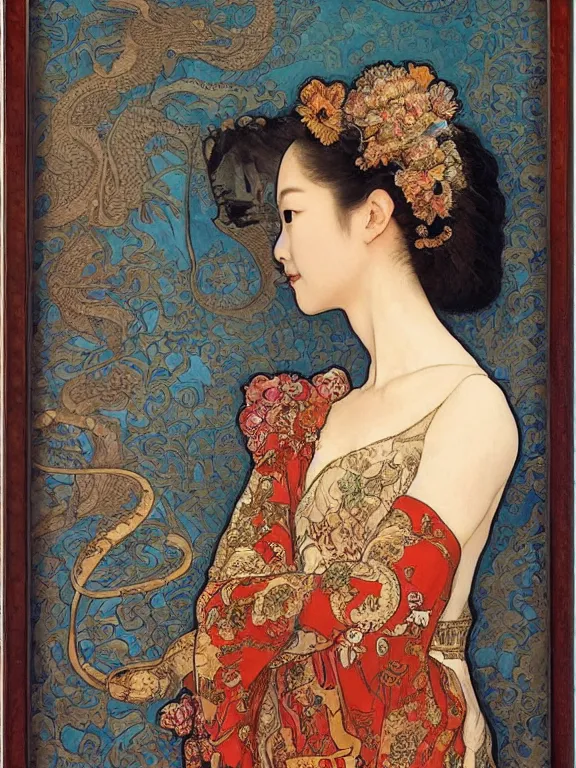 Image similar to an art nouveau head and shoulders portrait oil painting of a pretty young zhang ziyi, dressed in a traditional, modest chinese intricately embroidered silk gown with a high collar, in front of a carved screen showing a tiger and a dragon, intricate, detailed, smooth, complex, elaborate, by alphonse mucha and james gurney and john william waterhouse