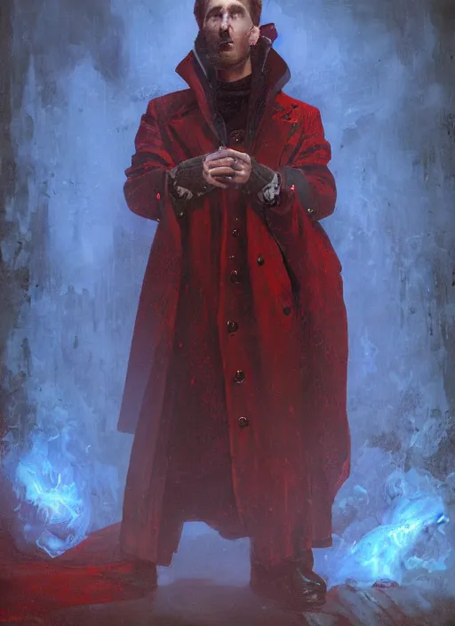 Prompt: a medium shot of a male necromancer wearing a red victorian era coat, casting a spell, backlighting, blue hour, lit from below with red lighting, high contrast, highly detailed, sharp focus, digital painting, concept art, illustration, trending on artstation, art by greg rutkowski + greg hildebrandt + alphonse mucha