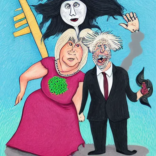 Prompt: ursula the sea witch, boris johnson, by lisa hanawalt