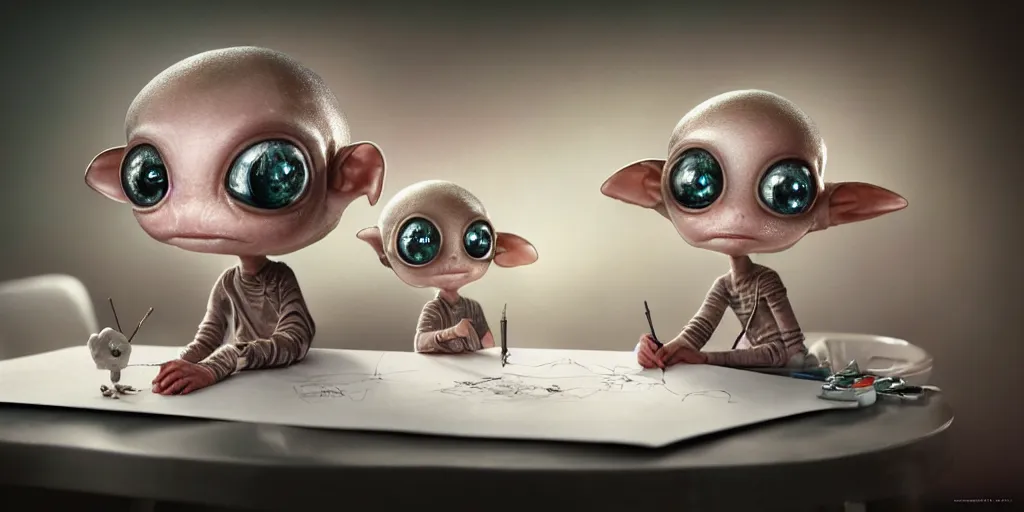 Prompt: closeup portrait of tiny aliens on white paper table in an artist workshop, depth of field, zeiss lens, detailed, centered, fashion photoshoot, by nicoletta ceccoli, mark ryden, lostfish, breathtaking, 8 k resolution, extremely detailed, beautiful, establishing shot, artistic, hyperrealistic, octane render