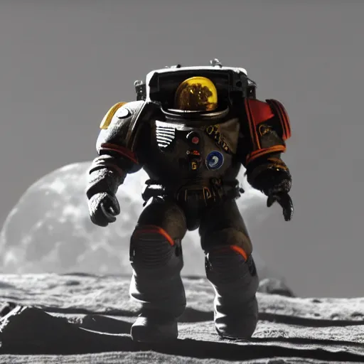 Image similar to space marine wearing armored space suit running into combat on the moon's surface, taken from a camera at eye level