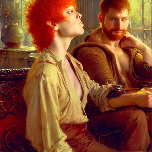 Image similar to attractive mike with ginger hair with attractive tyler with brunet hair, drinking their hearts out, in their noble mansion. highly defined painting, highly detailed painting by gaston bussiere, craig mullins 8 k