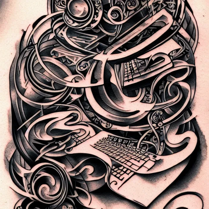 Prompt: abstract tattoo art of a keyboard, concept art, baroque, fine detail, sheet paper