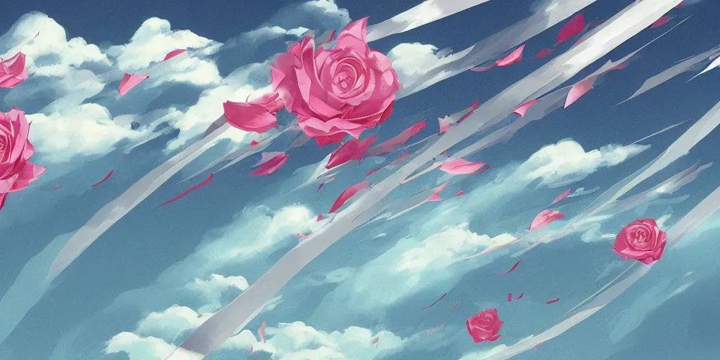 Image similar to background art of flying longswords flowing through the slicing through directional wind on a simple cloudy sky background featuring an enormous tsunami, big puffy clouds, sharp rain, large rose petals, lotus petals, large polygonal background elements, large polygons, studio ghibli anime, dramatic lighting, artgerm, manga, trending on artstation, art nouveau, mature colors