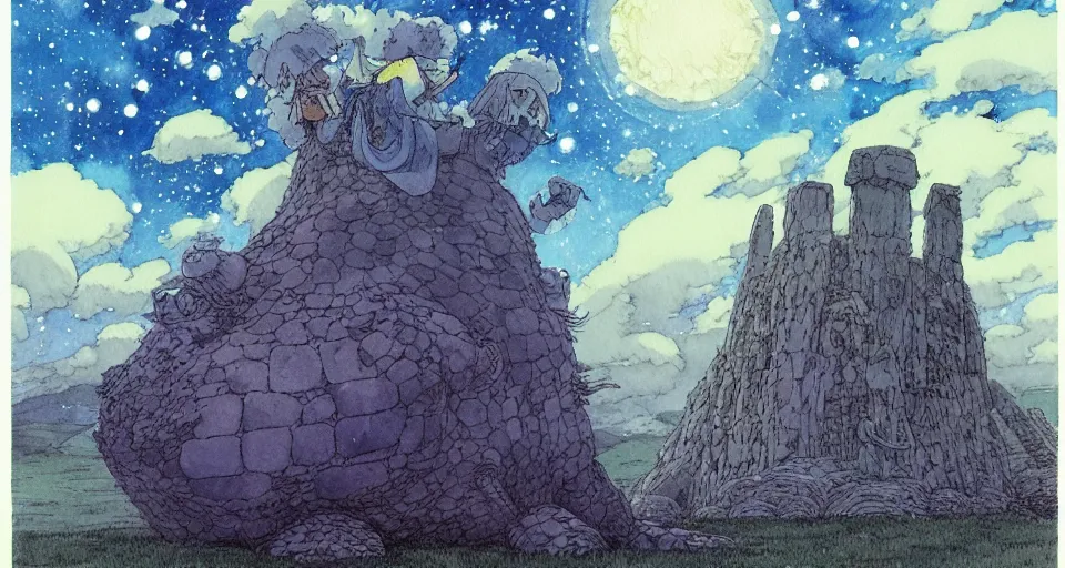 Image similar to hyperrealist studio ghibli watercolor fantasy concept art of a giant from howl's moving castle sitting on stonehenge like a chair. it is a misty starry night. by rebecca guay, michael kaluta, charles vess