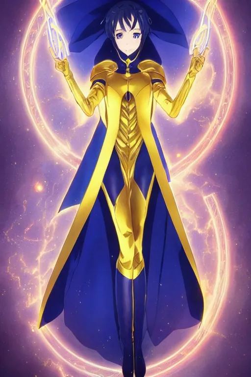 Image similar to anime key visual of a beautiful young female doctor fate!! intricate, gold and blue suit, cape, glowing, powers, dc comics, cinematic, stunning, highly detailed, digital painting, artstation, smooth, hard focus, illustration, art by artgerm and greg rutkowski and alphonse mucha