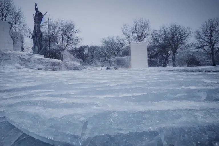 Image similar to a very windy and cold place, everything is made out of ice, snowing, cinematic lighting