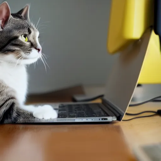 Image similar to cat working at a computer, photo, 8k