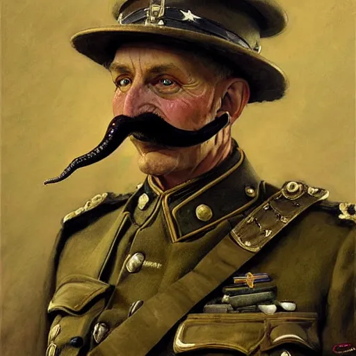 Prompt: old snake with big mustache dressed as a antropormophhic snake veteran colonel of the first world war german army, a snake as a human, highly detailed painting by gaston bussiere, craig mullins, j. c. leyendecker