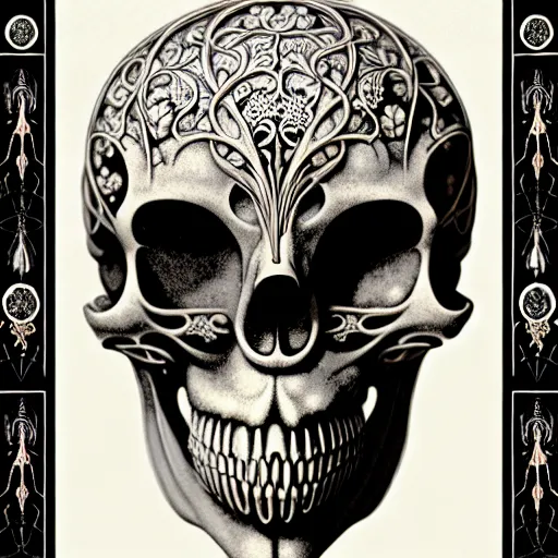 Image similar to art forms of nature by ernst haeckel, memento mori by arthur rackham, ornate antique porcelain beautiful skull mask, ultrasharp, photorealistic, hyperdetailed, octane render, polished, art nouveau, neo - gothic, gothic, intricate ornamental organic filigree, art nouveau botanicals, art forms of nature by ernst haeckel, horizontal symmetry, symbolist, visionary