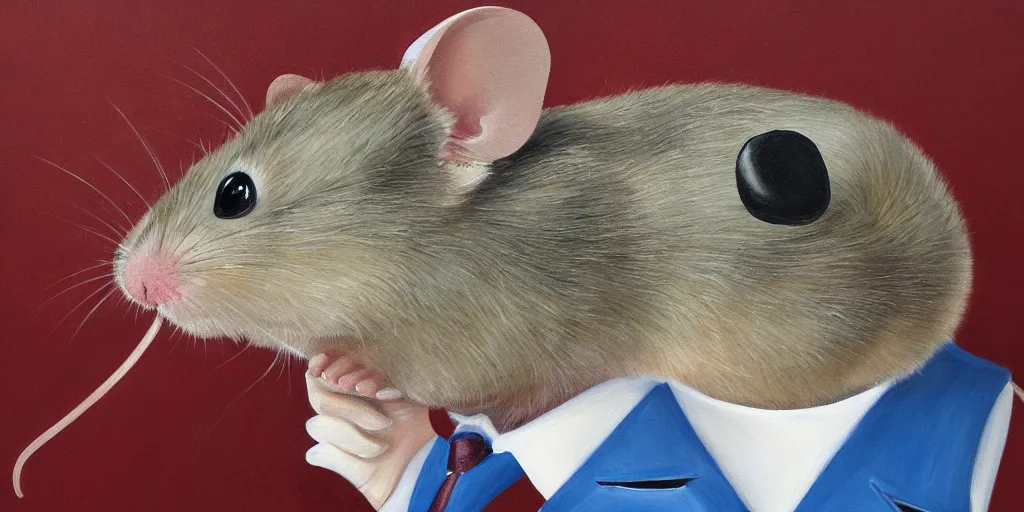 Prompt: detailed painting of a mouse wearing a suit looking in the mirror