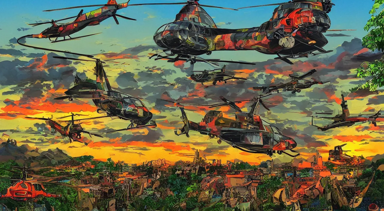 Prompt: helicopters flying low over jungle mountains sunset sky rice patties beautiful artstation 4 k breathtaking illustration cartoon by jack kirby