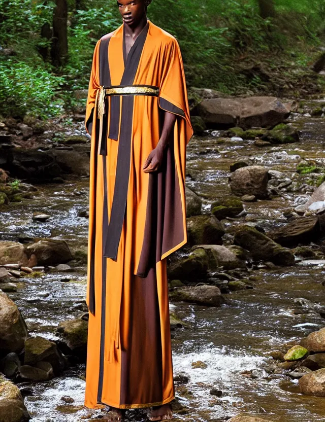 Prompt: longshot modern ancient roman toga cloak nature african american walking along small creek river in the woods marc jacobs gucci blue orange brown intricate textile robes gold