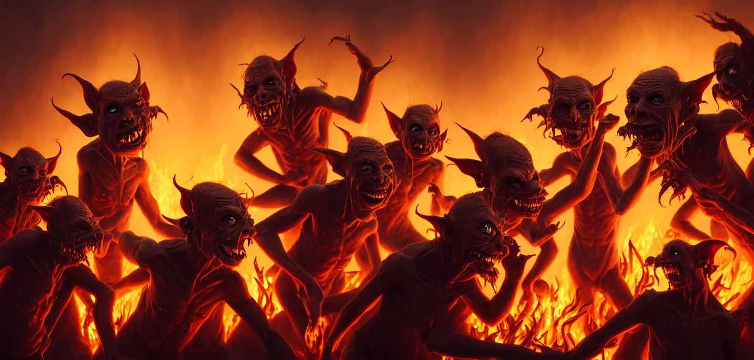 Image similar to oil matte painting, closeup portrait of ugly creepy goblins dancing around a bonfire at ba rave cheering dancing beautiful cinematic light deep focus, elegant, digital painting, smooth, sharp focus, golden ratio, dramatic illumination, ultra realistic, 8 k, art by greg rutkowski wlop rossdraws